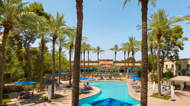 Royal Sonesta Chase Park Plaza outdoor pool area with palm trees and seating